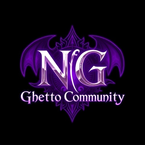 AI Design for Create a fantasy-style logo inspired by World of Warcraft. The main text should be "NG", large and dominant, in a medieval or fantasy-style font. Below it, in a smaller but readable fantasy font, add the text "Ghetto Community". Use a purple and white color scheme, with glowing or enchanted effects. In the background, designed in a mystical or epic fantasy style — similar to the dragons in World of Warcraft. The overall design should feel magical, dark-fantasy, and high-detail, with elements like glowing runes, magical aura, or enchanted textures. Dark or mystical background preferred to enhance contrast.