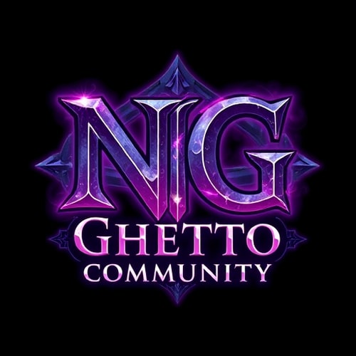 AI Design for Create a logo in the style of World of Warcraft. The main focus should be the bold letters "NG", designed with a fantasy or medieval-style font. Below that, add the text "Ghetto Community" in a slightly smaller fantasy font. Use a purple and white color scheme, with glowing or enchanted effects. The overall logo should feel magical, powerful, and inspired by epic fantasy — with textures like stone, metal, or magical runes. Optional: Add subtle magical aura or smoke effects in the background to enhance the atmosphere. Make it suitable as a gaming community logo.