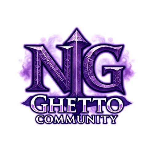AI Design for Create a logo in the style of World of Warcraft. The main focus should be the bold letters "NG", designed with a fantasy or medieval-style font. Below that, add the text "Ghetto Community" in a slightly smaller fantasy font. Use a purple and white color scheme, with glowing or enchanted effects. The overall logo should feel magical, powerful, and inspired by epic fantasy — with textures like stone, metal, or magical runes. Optional: Add subtle magical aura or smoke effects in the background to enhance the atmosphere. Make it suitable as a gaming community logo.
