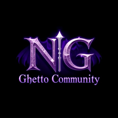 AI Design for Create a fantasy-style logo inspired by World of Warcraft. The main text should be "NG", large and dominant, in a medieval or fantasy-style font. Below it, in a smaller but readable fantasy font, add the text "Ghetto Community". Use a purple and white color scheme, with glowing or enchanted effects. In the background, designed in a mystical or epic fantasy style — similar to the dragons in World of Warcraft. The overall design should feel magical, dark-fantasy, and high-detail, with elements like glowing runes, magical aura, or enchanted textures. Dark or mystical background preferred to enhance contrast.
