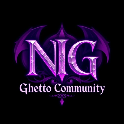 AI Design for Create a fantasy-style logo inspired by World of Warcraft. The main text should be "NG", large and dominant, in a medieval or fantasy-style font. Below it, in a smaller but readable fantasy font, add the text "Ghetto Community". Use a purple and white color scheme, with glowing or enchanted effects. In the background, designed in a mystical or epic fantasy style — similar to the dragons in World of Warcraft. The overall design should feel magical, dark-fantasy, and high-detail, with elements like glowing runes, magical aura, or enchanted textures. Dark or mystical background preferred to enhance contrast.