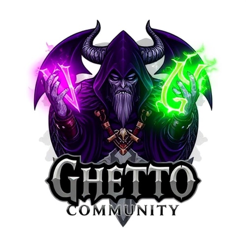 AI Design for Character logo for a gaming community named "Ghetto Community": Gul'dan, the iconic warlock from World of Warcraft, at the center, conjuring glowing purple and white letters "N" and "G" with fel magic, exuding power and menace. His classic hooded armor adorned with skulls and bones, emitting a green and purple energy glow. A mystical dragon partially obscured by mist or shadows in the background. Dark fantasy aesthetic inspired by World of Warcraft. Deep purples, dark greens, bone white, and shadowy blacks. Gothic or fantasy-style font for the community name, placed below Gul'dan.