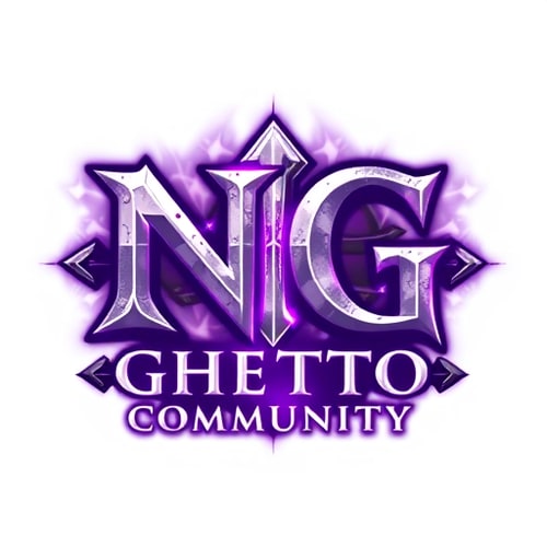 AI Design for Create a logo in the style of World of Warcraft. The main focus should be the bold letters "NG", designed with a fantasy or medieval-style font. Below that, add the text "Ghetto Community" in a slightly smaller fantasy font. Use a purple and white color scheme, with glowing or enchanted effects. The overall logo should feel magical, powerful, and inspired by epic fantasy — with textures like stone, metal, or magical runes. Optional: Add subtle magical aura or smoke effects in the background to enhance the atmosphere. Make it suitable as a gaming community logo.