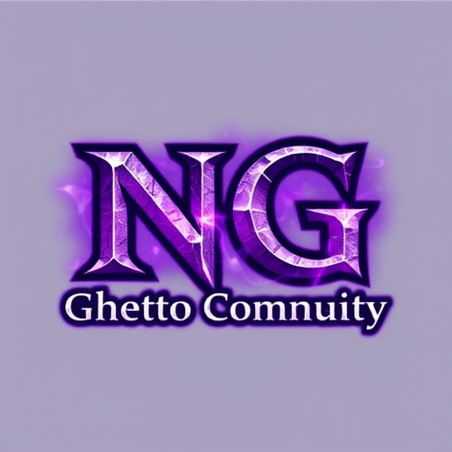 AI Design for Create a logo in the style of World of Warcraft. The main focus should be the bold letters "NG", designed with a fantasy or medieval-style font. Below that, add the text "Ghetto Community" in a slightly smaller fantasy font. Use a purple and white color scheme, with glowing or enchanted effects. The overall logo should feel magical, powerful, and inspired by epic fantasy — with textures like stone, metal, or magical runes. Optional: Add subtle magical aura or smoke effects in the background to enhance the atmosphere. Make it suitable as a gaming community logo.