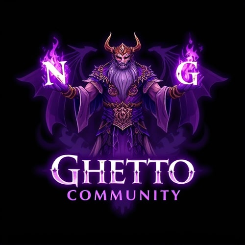 AI Design for Create a fantasy-style logo inspired by World of Warcraft. The central character should be a powerful shaman, standing or floating, holding the glowing letters "N" and "G" in each hand, as if channeling magical energy. The shaman should wear detailed, tribal or elemental armor, with glowing runes and totems. Use a purple and white color scheme for the magic and highlights. Below the character, add the text "Ghetto Community" in a fantasy font. In the background, include a mystical dragon in the shadows or clouds, adding a sense of epic fantasy. The entire composition should feel magical, dark, and inspired by World of Warcraft aesthetics.