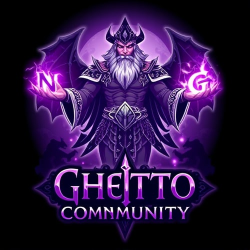 AI Design for Create a fantasy-style logo inspired by World of Warcraft. The central character should be a powerful shaman, standing or floating, holding the glowing letters "N" and "G" in each hand, as if channeling magical energy. The shaman should wear detailed, tribal or elemental armor, with glowing runes and totems. Use a purple and white color scheme for the magic and highlights. Below the character, add the text "Ghetto Community" in a fantasy font. In the background, include a mystical dragon in the shadows or clouds, adding a sense of epic fantasy. The entire composition should feel magical, dark, and inspired by World of Warcraft aesthetics.