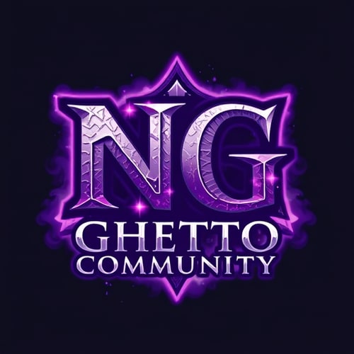 AI Design for Create a logo in the style of World of Warcraft. The main focus should be the bold letters "NG", designed with a fantasy or medieval-style font. Below that, add the text "Ghetto Community" in a slightly smaller fantasy font. Use a purple and white color scheme, with glowing or enchanted effects. The overall logo should feel magical, powerful, and inspired by epic fantasy — with textures like stone, metal, or magical runes. Optional: Add subtle magical aura or smoke effects in the background to enhance the atmosphere. Make it suitable as a gaming community logo.