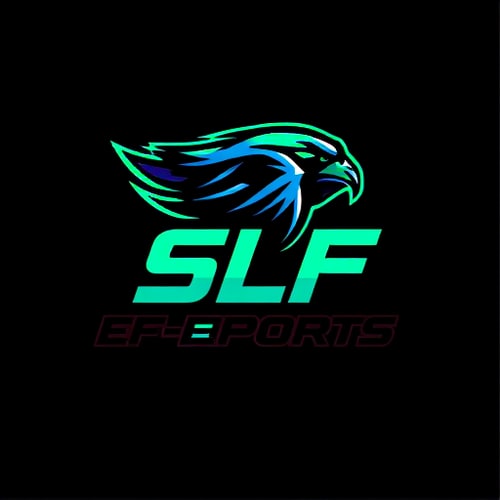 AI Design for Pictorial for an e-sports organization named "SLF E-SPORTS": a stylized falcon with sharp, dynamic lines, embodying speed and precision, [dominant colors like electric blue and neon green with black accents], [modern, bold sans-serif font with angular elements]. Design with a futuristic and aggressive influence, [highly detailed wing feathers and a fierce eye], with a dark, textured background.