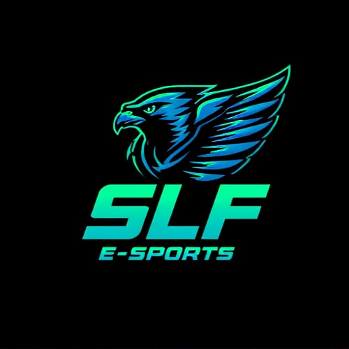 AI Design for Pictorial for an e-sports organization named "SLF E-SPORTS": a stylized falcon with sharp, dynamic lines, embodying speed and precision, [dominant colors like electric blue and neon green with black accents], [modern, bold sans-serif font with angular elements]. Design with a futuristic and aggressive influence, [highly detailed wing feathers and a fierce eye], with a dark, textured background.