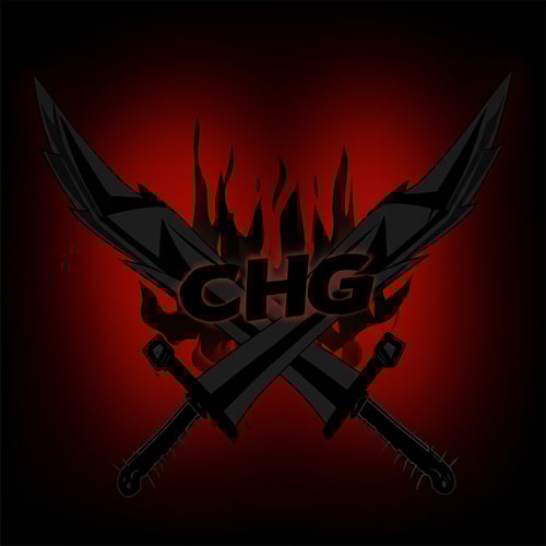 AI Design for Give more evil dark aura with dark sword don't change color of CHG logo