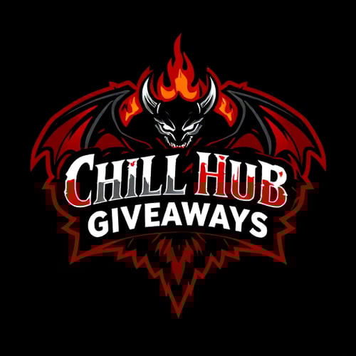 AI Design for Make animated banner named Chill Hub Giveaways animated and black white red flames give a dark aura add 2 powerful demon sowrd crossing feel like the are fighting 