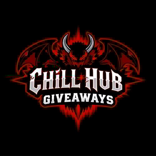 AI Design for Make animated banner named Chill Hub Giveaways animated and black white red flames give a dark aura add 2 powerful demon sowrd crossing feel like the are fighting 