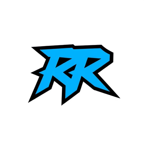 AI Design for Letterform for a streetwear brand named "RR": A bold and iconic interlocking "RR" monorgan, Minimalist and urban, Black, white, and a vibrant electric blue, Strong, geometric sans-serif with sharp edges. Design with influences from classic hip-hop and graffiti art, with a focus on clean lines and impactful negative space, rendered in a vector art style, on a transparent background.