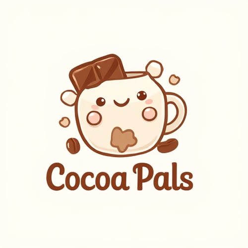 AI Design for Design a warm and friendly logo for a fictional brand called Cocoa Pals, which specializes in chocolate and cozy treats. The logo should feature a cute, friendly character (like a smiling chocolate bar or a hot cocoa mug) with soft, rounded edges to convey warmth and friendliness. Incorporate playful elements like chocolate swirls, cocoa beans, or marshmallows to emphasize the chocolate theme. The color palette should include rich browns, creamy whites, and soft pastel colors like light pink or mint green to create a cozy and inviting look. The text 'Cocoa Pals' should be in a playful, rounded font that complements the friendly and approachable vibe of the brand. The design should be clean, vector-style, suitable for Illustrator use, and should evoke feelings of warmth, comfort, and sweetness."