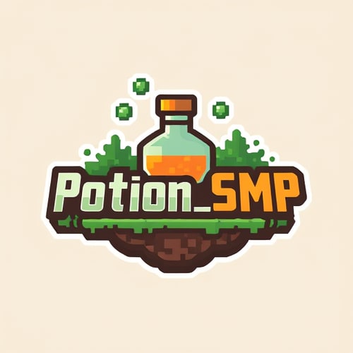 AI Design for crate a logo for Potion_SMP Background will be in potion and front wrie Potion_SMP in minecarft theme thar poition on back on Potion_SMP not on up more uniwue in minecraft theme.miire uniques