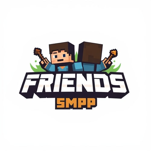 AI Design for Logo Design:Create a minecraft theme logo named "Friends SMP" with background in back of friendsmake two minecraft characters