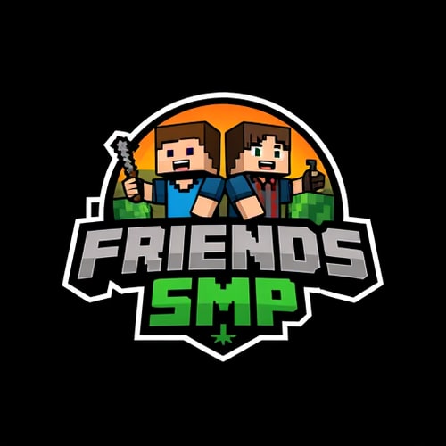 AI Design for Logo Design:Create a minecraft theme logo named "Friends SMP" with background in back of friendsmake two minecraft characters
