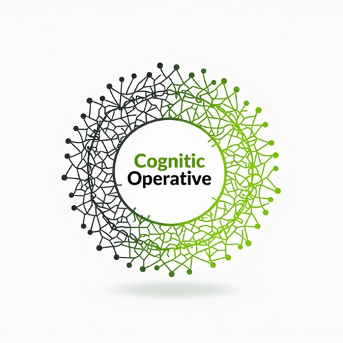 AI Design for Abstract neuron network forming a circular shape, in silver and neon green. Text "Cognitive Operative"