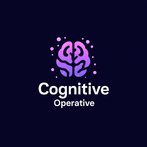 AI Design for Stylized brain icon with interconnected nodes, using shades of deep purple. Text "Cognitive Operative"