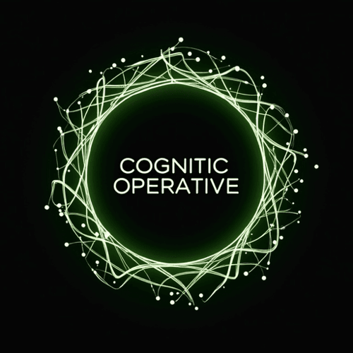 AI Design for Abstract neuron network forming a circular shape, in silver and neon green. Text "Cognitive Operative"