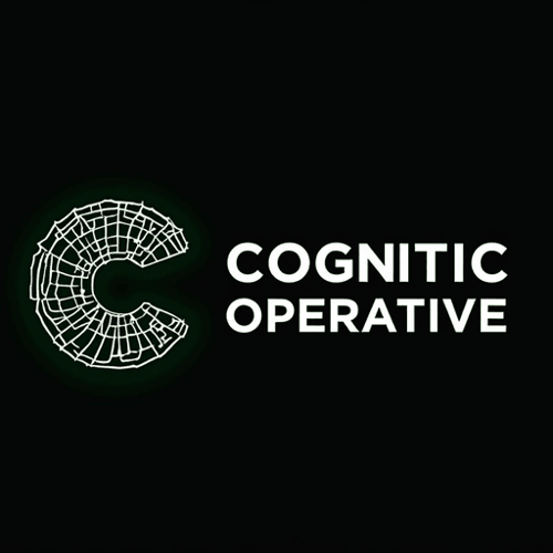 AI Design for Abstract neuron network forming a circular shape, in silver and neon green. Text "Cognitive Operative"