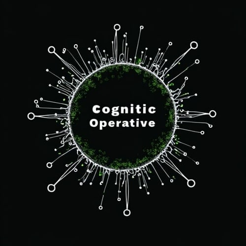 AI Design for Abstract neuron network forming a circular shape, in silver and neon green. Text "Cognitive Operative"