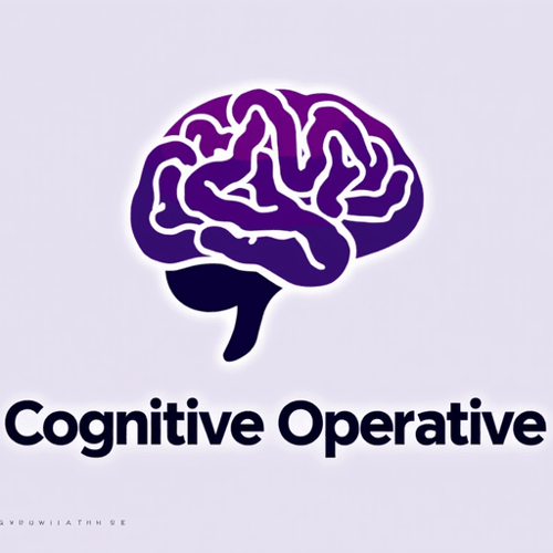 AI Design for Stylized brain icon with interconnected nodes, using shades of deep purple. Text "Cognitive Operative"