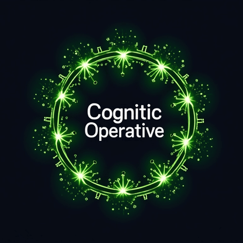 AI Design for Abstract neuron network forming a circular shape, in silver and neon green. Text "Cognitive Operative"