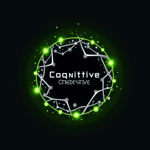AI Design for Abstract neuron network forming a circular shape, in silver and neon green. Text "Cognitive Operative"