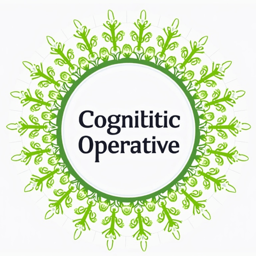 AI Design for Abstract neuron network forming a circular shape, in silver and neon green. Text "Cognitive Operative"