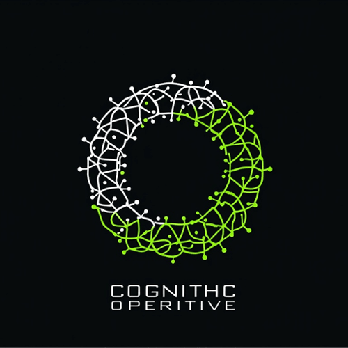 AI Design for Abstract neuron network forming a circular shape, in silver and neon green. Text "Cognitive Operative"