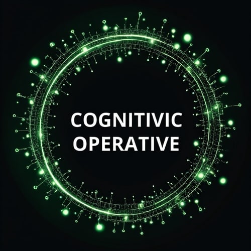 AI Design for Abstract neuron network forming a circular shape, in silver and neon green. Text "Cognitive Operative"