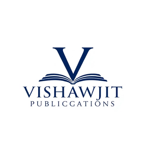 AI Design for Letterform for a publishing house named "Vishawjit Publications": Classic and sophisticated, deep navy blue and rich gold, serif typography. Design with a hint of historical gravitas, a stylized "V" integrated into a book spine, on a white background.