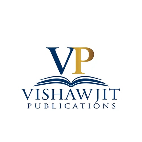 AI Design for Letterform for a publishing house named "Vishawjit Publications": Classic and sophisticated, deep navy blue and rich gold, serif typography. Design with a hint of historical gravitas, a stylized "VP" integrated into a book spine, on a white background.