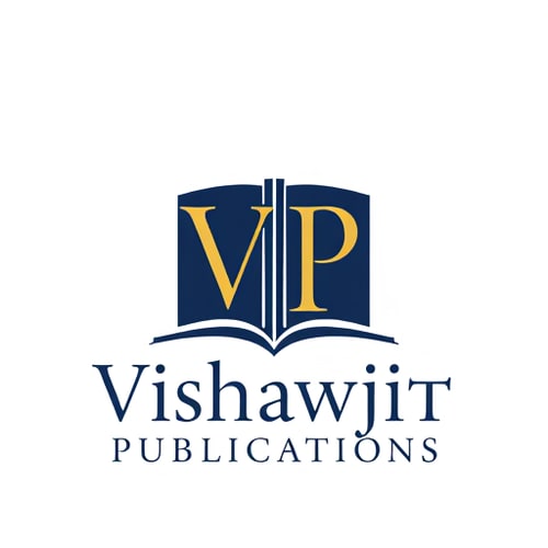 AI Design for Letterform for a publishing house named "Vishawjit Publications": Classic and sophisticated, deep navy blue and rich gold, serif typography. Design with a hint of historical gravitas, a stylized "VP" integrated into a book spine, on a white background.