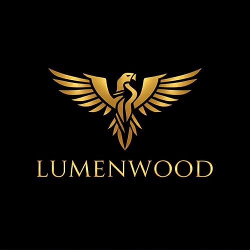 AI Design for "A sophisticated, modern logo for 'LUMENWOOD' featuring a stylized, geometric phoenix or eagle with outstretched wings. The design should have a luxurious, premium feel, utilizing a shimmering gold or bronze color palette against a dark, deep blue or black background. The typography for 'LUMENWOOD' should be elegant and sans-serif, complementing the strong lines of the bird emblem. The overall aesthetic should convey strength, aspiration,