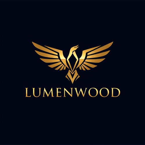AI Design for "A sophisticated, modern logo for 'LUMENWOOD' featuring a stylized, geometric phoenix or eagle with outstretched wings. The design should have a luxurious, premium feel, utilizing a shimmering gold or bronze color palette against a dark, deep blue or black background. The typography for 'LUMENWOOD' should be elegant and sans-serif, complementing the strong lines of the bird emblem. The overall aesthetic should convey strength, aspiration,