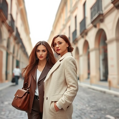 AI Design for Visual ElementsUse clean, sharp photography → models in urban Italian backdrops (cobblestone, arches, classic architecture).Textures: marble, leather, fine wood grain → add richness.Pattern Work: subtle geometric or baroque-inspired motifs for packaging/lining.