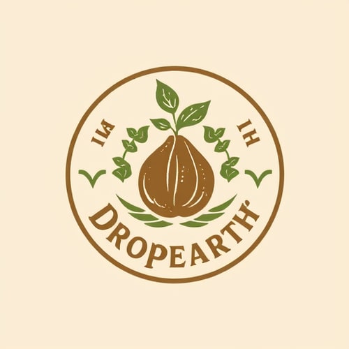 AI Design for Emblem for a sustainable coffee shop chain named "Dropearh: A circular design featuring a stylized coffee bean intertwined with a growing sprout, surrounded by subtle leaf motifs, Earth tones such as deep greens, rich browns, and a touch of warm beige, a classic serif font for "Dropearth with a slightly rustic feel, vintage botanical illustration influence, hand-drawn linework with a slightly aged texture, solid color background.