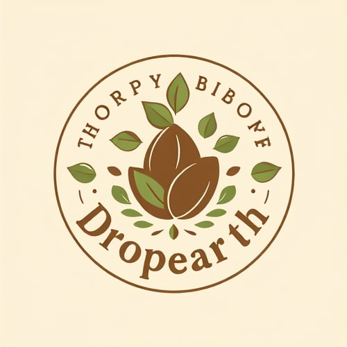 AI Design for Emblem for a sustainable coffee shop chain named "Dropearh: A circular design featuring a stylized coffee bean intertwined with a growing sprout, surrounded by subtle leaf motifs, Earth tones such as deep greens, rich browns, and a touch of warm beige, a classic serif font for "Dropearth with a slightly rustic feel, vintage botanical illustration influence, hand-drawn linework with a slightly aged texture, solid color background.