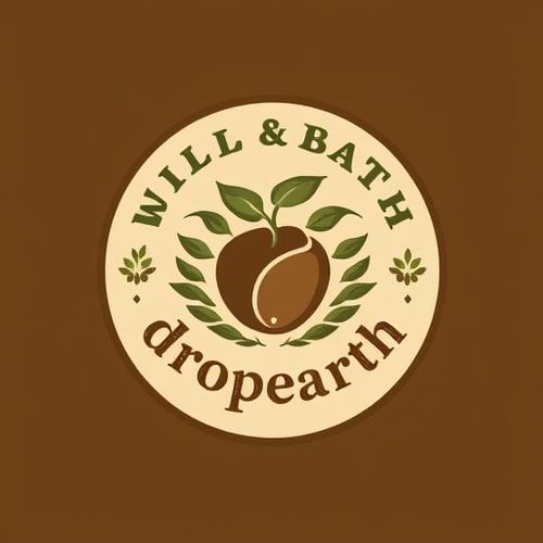AI Design for Emblem for a sustainable coffee shop chain named "Dropearh: A circular design featuring a stylized coffee bean intertwined with a growing sprout, surrounded by subtle leaf motifs, Earth tones such as deep greens, rich browns, and a touch of warm beige, a classic serif font for "Dropearth with a slightly rustic feel, vintage botanical illustration influence, hand-drawn linework with a slightly aged texture, solid color background.