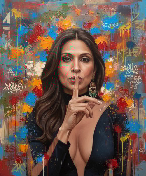 AI Design for A woman, image attached, keep the face same and intact, holding a finger to her lips in a shushing gesture, against a textured, abstract background with splatters and strokes of vibrant colors including blues, reds, oranges, and yellows, alongside subtle muted tones, with some graffiti-like elements and faint script on the left and right sides. Abstract Expressionism meets Portraiture, inspired by street art and oil painting techniques. Vibrant and high contrast, with dynamic brushstrokes. Close-up portrait, head and shoulders, slightly angled. Intricate details in hair, artistic blend of realism and abstraction, energetic, expressive, deep texture, vivid color palette, aged wisdom. --ar 9:16 --v 6.0 --s 750 --c 20