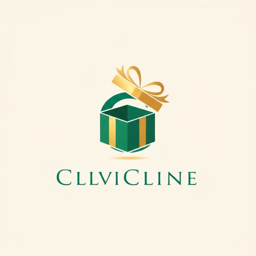 AI Design for Replace the simple rectangle box above the letter C with a 3D-style gift box inside the curve of the C. Show the box top slightly open, with the lid tilted upward, as if the box is being opened. Keep the bow or ribbon on the lid. Use clean vector style with green and gold colors