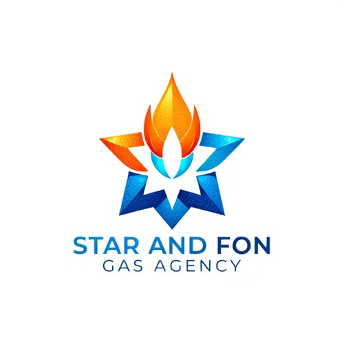 AI Design for IQRA STAR AND FON GAS AGENCY logo — a modern, clean emblem with a stylized star and gas flame icon, vibrant blues and oranges, bright and energetic, geometric and abstract, incorporating subtle metallic textures, white background.
