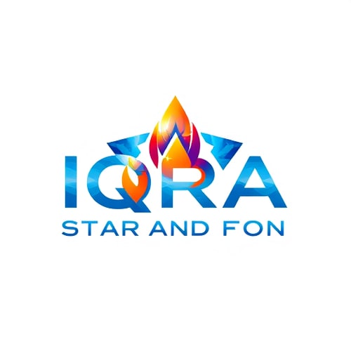 AI Design for IQRA STAR AND FON GAS AGENCY logo — a modern, clean emblem with a stylized star and gas flame icon, vibrant blues and oranges, bright and energetic, geometric and abstract, incorporating subtle metallic textures, white background.