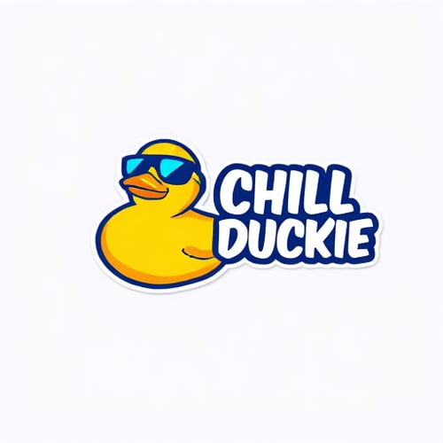 AI Design for use the same logo shape and font as the logo i included, just replace the text with "CHILL DUCKIE" and the picture with a yellow rubber duck wearing sunglasses