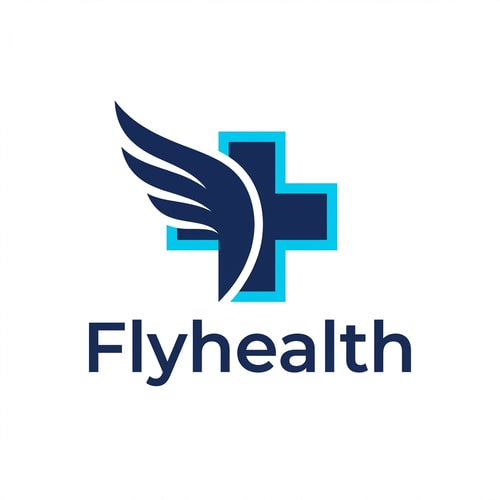 AI Design for A minimalist professional logo for "Flyhealth" featuring a soaring wing icon seamlessly integrated into a geometric medical cross symbol — A balanced and centered emblem design with the text "Flyhealth" placed horizontally directly beneath the icon, A clinical color palette of navy blue and bright cyan, Bright and modern with high clarity, A flat vector graphic characterized by sharp edges and absolute geometric precision, Render the exact text "Flyhealth"; keep text/logos/labels EXACTLY unchanged; no rewriting, redrawing, correcting, or adding any text; avoid all 3D effects, shadows, or gradients, A stark and solid white background.