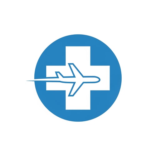AI Design for A minimalist logo for a medical tourism company featuring a stylized airplane silhouette merged with a medical cross symbol — Centered circular emblem with geometric and symmetrical balance, Professional medical blues and clean white, Bright, modern, and trustworthy, Flat vector graphic with clean lines and no gradients, Use only the icon; strictly no text, letters, or numbers; the airplane and medical symbol must be contained within a solid circle, Isolated on a plain white background.