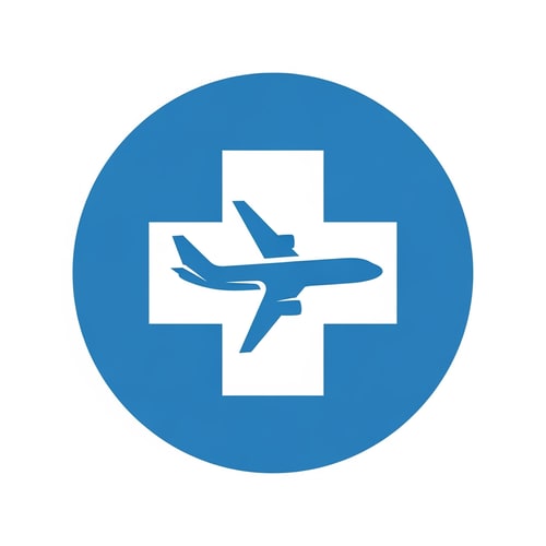 AI Design for A minimalist logo for a medical tourism company featuring a stylized airplane silhouette merged with a medical cross symbol — Centered circular emblem with geometric and symmetrical balance, Professional medical blues and clean white, Bright, modern, and trustworthy, Flat vector graphic with clean lines and no gradients, Use only the icon; strictly no text, letters, or numbers; the airplane and medical symbol must be contained within a solid circle, Isolated on a plain white background.