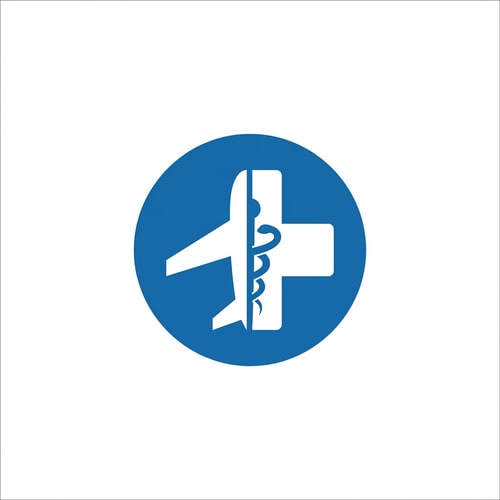 AI Design for A minimalist logo for a medical tourism company featuring a stylized airplane silhouette merged with a medical cross symbol — Centered circular emblem with geometric and symmetrical balance, Professional medical blues and clean white, Bright, modern, and trustworthy, Flat vector graphic with clean lines and no gradients, Use only the icon; strictly no text, letters, or numbers; the airplane and medical symbol must be contained within a solid circle, Isolated on a plain white background.